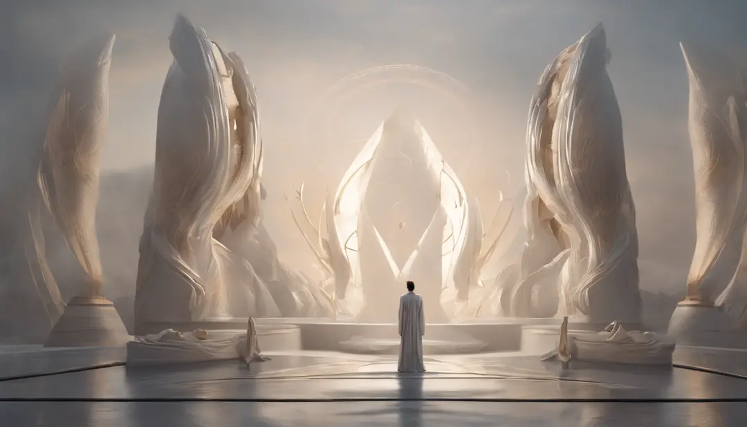 Stuart Lippincott style，God Online，in awe，Light，The sacred world，Huge futuristic statues floating around，Skysky，Awe-inspiring and peaceful，Detailed composition，Subtle geometric elements，refuge，Fresh and soft atmosphere，amber hues，Huge statue surrounded by ...