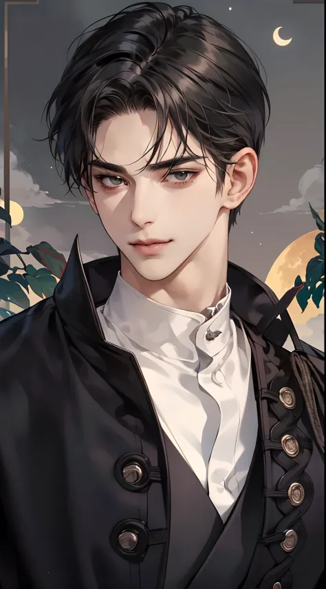 a close up of a man in a shirt looking at the camera, moon behind him, delicate androgynous prince, handsome prince, anime handsome man, handsome guy in demon slayer art, charming sly smile, inspired by Bian Shoumin, manhwa, tall anime guy with black eyes,...