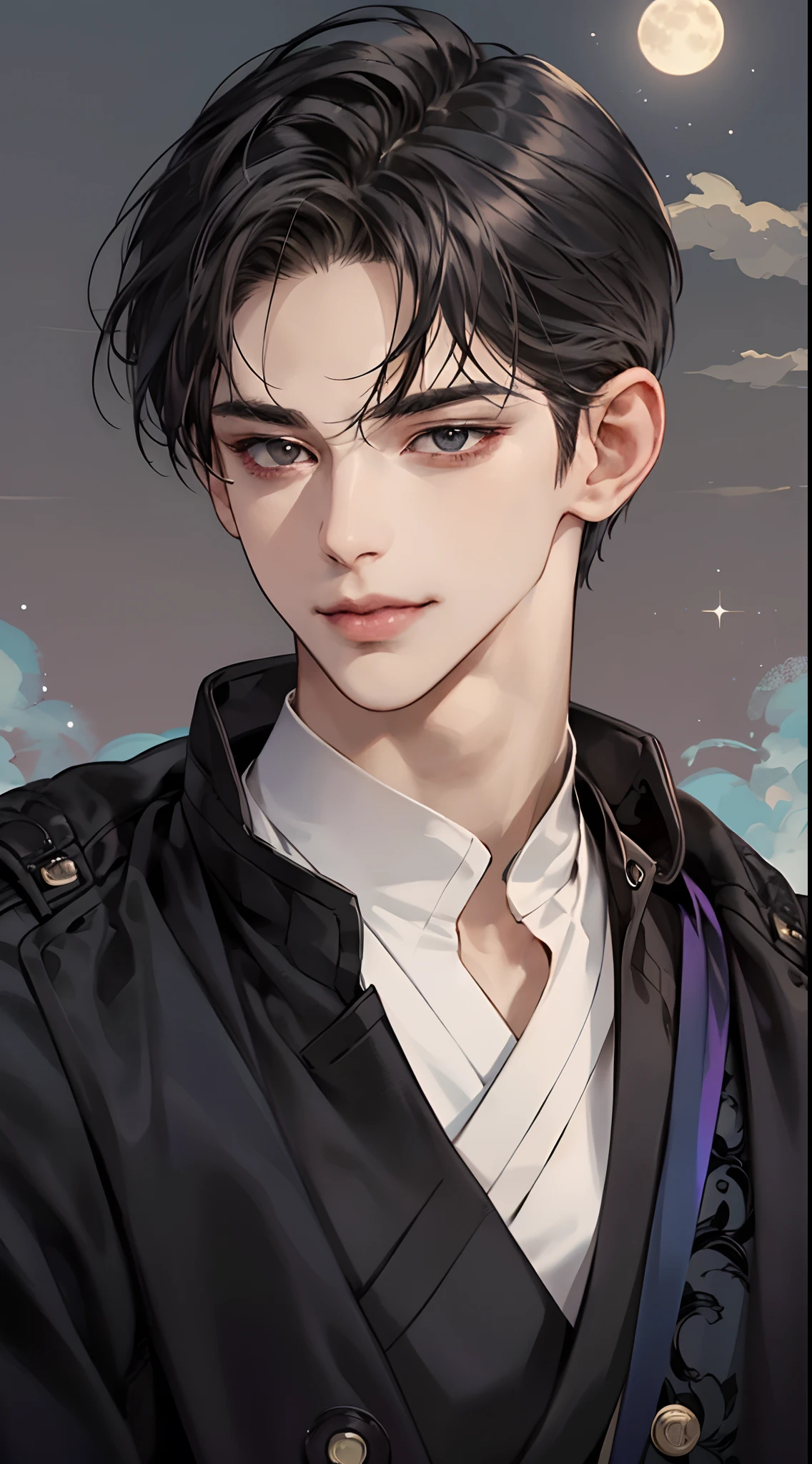 a close up of a man in a shirt looking at the camera, moon behind him, delicate androgynous prince, handsome prince, anime handsome man, handsome guy in demon slayer art, charming sly smile, inspired by Bian Shoumin, manhwa, tall anime guy with black eyes, short black hair, beautiful androgynous prince, heise jinyao, extremely handsome