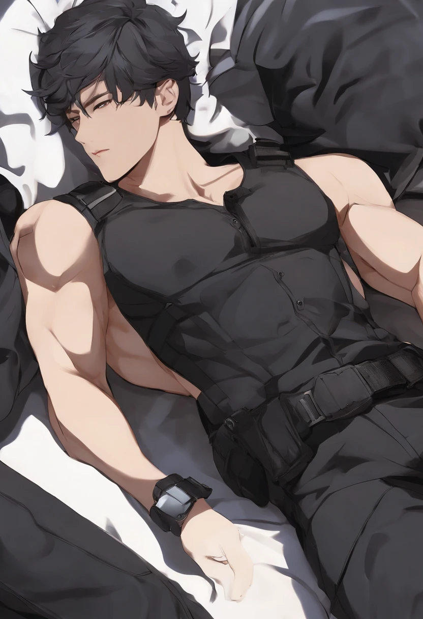 Anime guy laying in bed with his arm around his chest - SeaArt AI