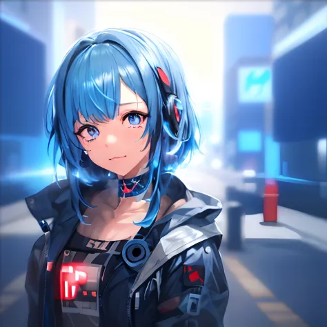 Anime girl with blue hair and blue eyes in a black jacket, anime style 4 k, portrait anime space cadet girl, Cyberpunk Anime Gir...