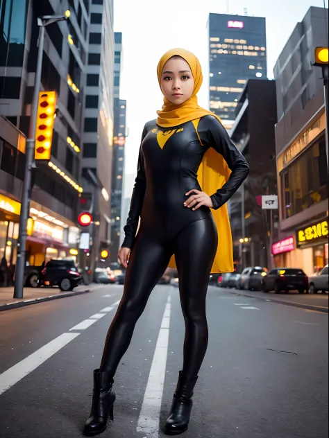 1 malay girl, solo, hijab, yellow eyes, medium hijab, superhero, leotard, leggings, boots, hands on hip, city backdrop