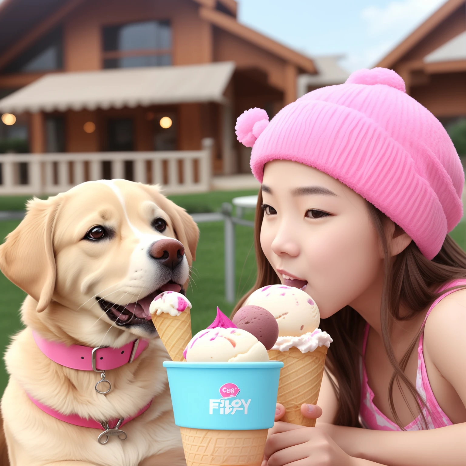 Girl and dog eating ice cream cones at a table outside - SeaArt AI