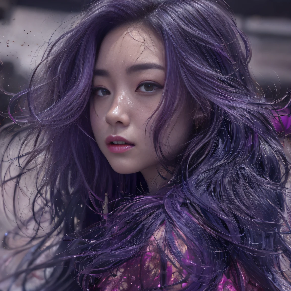 32K（tmasterpiece，k hd，hyper HD，32K）Long flowing bright purple hair，Autumn Pond，zydink， a color， Asian people （Silly girl）， （Silk scarf）， Combat posture， looking at the ground， long whitr hair， Floating bright purple， Fire cloud pattern gold tiara， Chinese long-sleeved gold silk garment， （abstract ink splash：1.2）， white backgrounid，Lotus protector（realisticlying：1.4），Bright purple hair，Smoke on the road，The background is pure， A high resolution， the detail， RAW photogr， Sharp Re， Nikon D850 Film Stock Photo by Jefferies Lee 4 Kodak Portra 400 Camera F1.6 shots, Rich colors, ultra-realistic vivid textures, Dramatic lighting, Unreal Engine Art Station Trend, cinestir 800，Long flowing bright purple hair