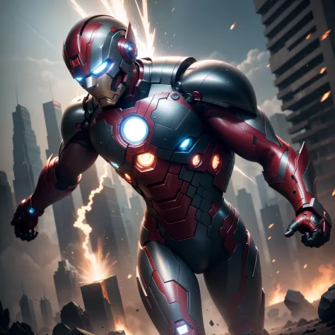 (high quality,4k,8k,highres,masterpiece:1.2),ultra-detailed,(realistic,photorealistic,photo-realistic:1.37),iron man,suit of armor,metallic red and gold,advanced technology,superhero,glowing arc reactor,flamethrowers,rocket boosters,faceplate with glowing ...
