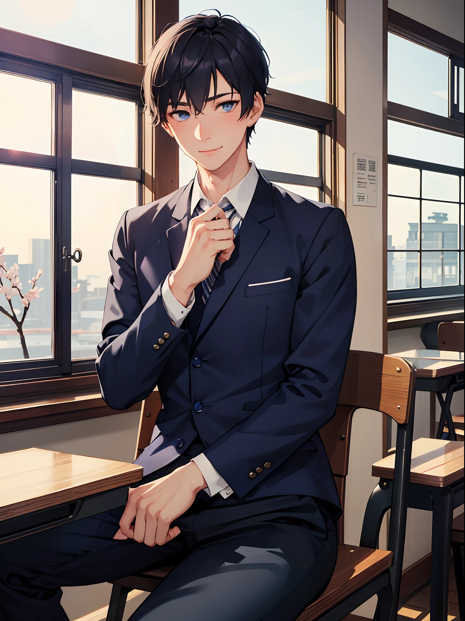 1 male, navy blue short hair, dark blue eyes, wearing Japanese male high school uniform, long black pants, nervous, blushing, gentle smile, soft, sit on the chair, near window, sakura view, looking at viewer, handsome, indoors, Classroom background (masterpiece, best quality, beautiful detailed eyes, detailed face)