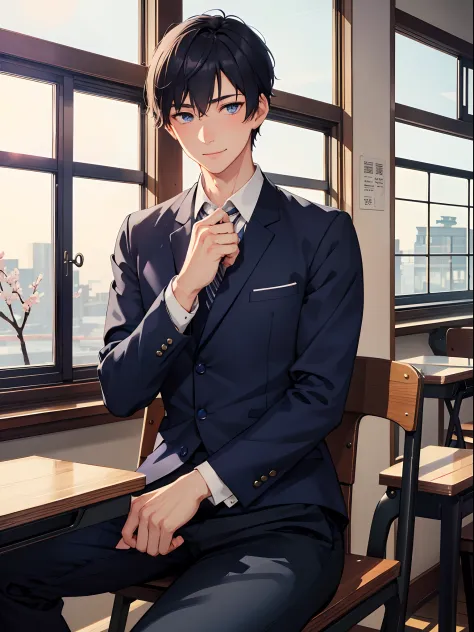 1 male, navy blue short hair, dark blue eyes, wearing Japanese male high school uniform, long black pants, nervous, blushing, ge...