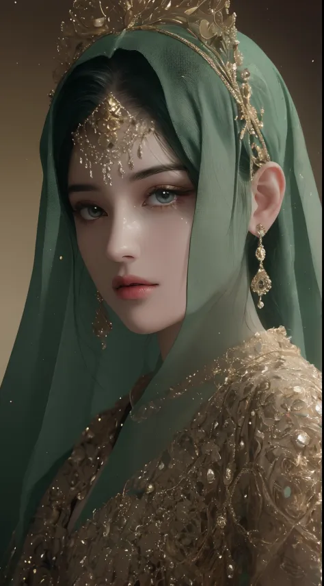 a close up of a woman wearing a green veil and a gold head piece, stunning digital illustration, 4k highly detailed digital art,...