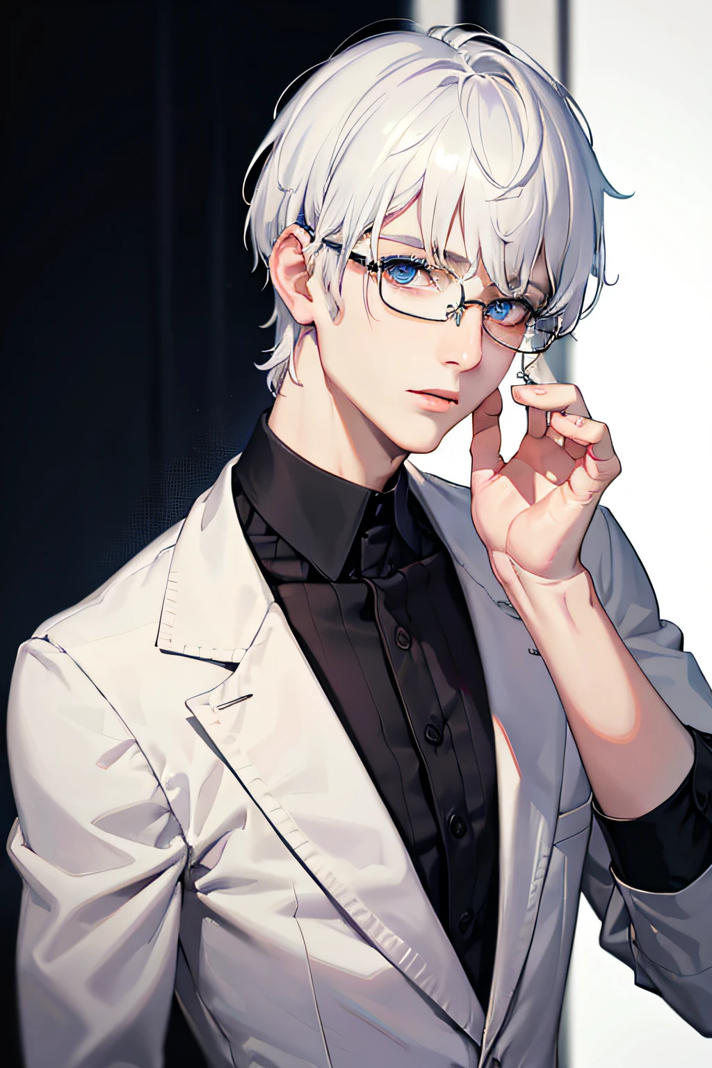 masterpiece, best quality, 8k, absurd resolution, elegant man, with heterochromia, close-up, short shaved hair, white hair, wearing thin glasses