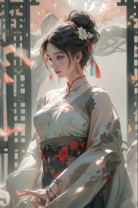 nsfw, zhongfenghua, 1girl, solo, hanfu, ancient_chinese_architecture, flower field, blossom, (white smoke:1.3) (photorealistic:1...