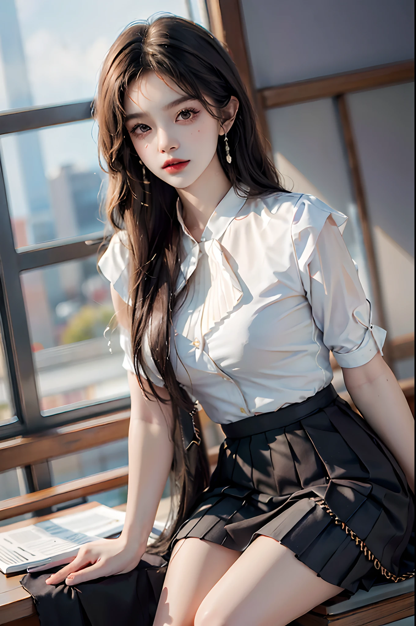 Araffe Asian Woman Sitting On A Bench In A White Shirt And Black Skirt Seaart Ai 6107