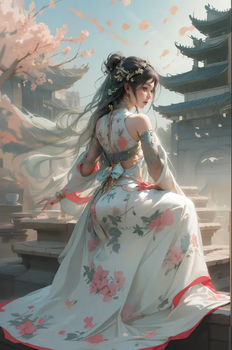 nsfw, zhongfenghua, 1girl, solo, hanfu, ancient_chinese_architecture, flower field, blossom, (white smoke:1.3) (photorealistic:1...