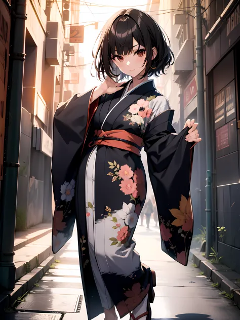 1girl, short black hair, brown eyes, wearing kimono, full body pose, pretty hands, high res, ultrasharp, 8K, masterpiece, looking at viewer