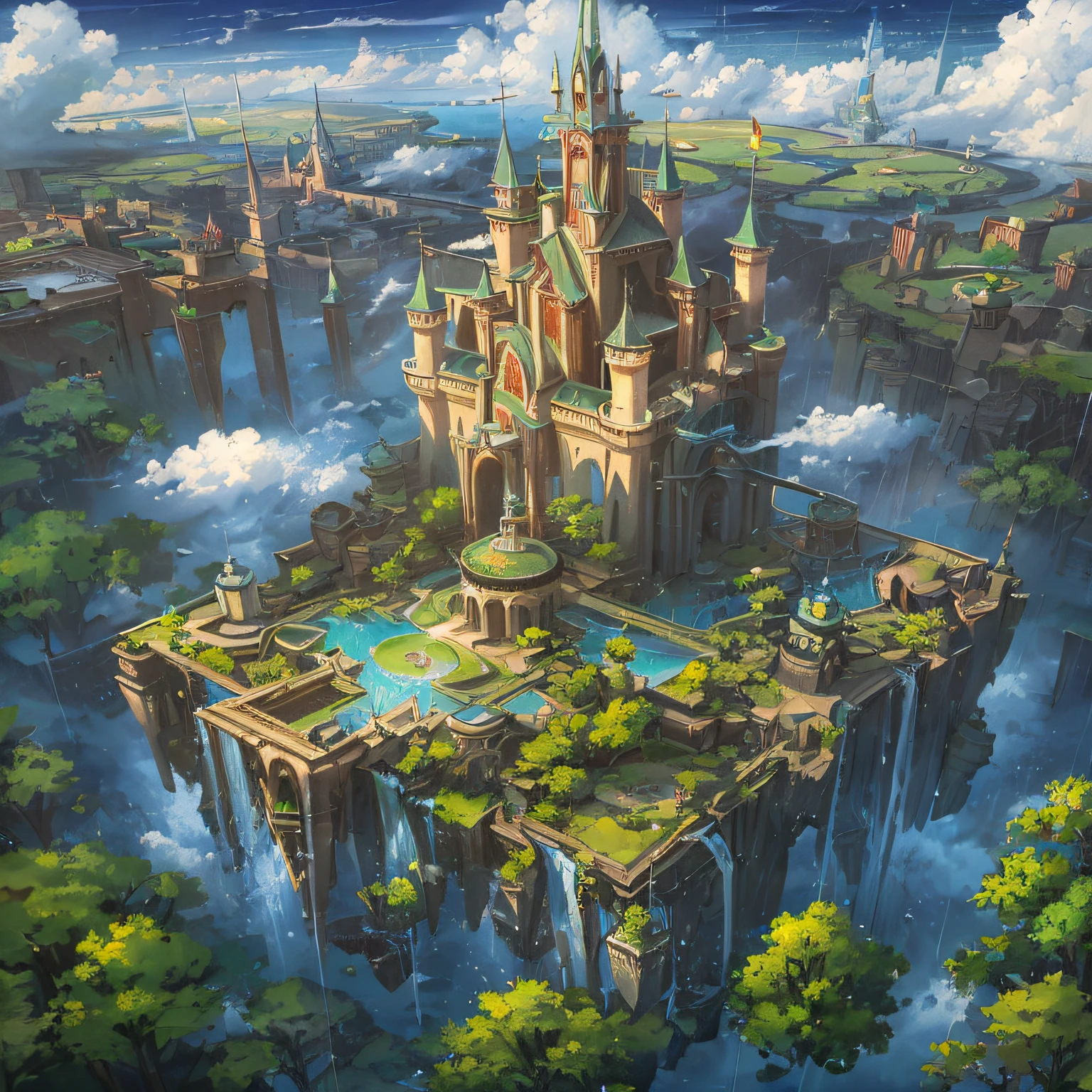 (an artist's design of a floating Castle on the floating the land and Forest and Fountain in the air, above the A few clouds and thunderstorms)1.4, bird's-eye view, scenery, no humans, a fantastic magical world,  (Best quality), (masterpiece:1.3), (photorealistic:1.36), (realistic), ultra-detailed,, detail background,