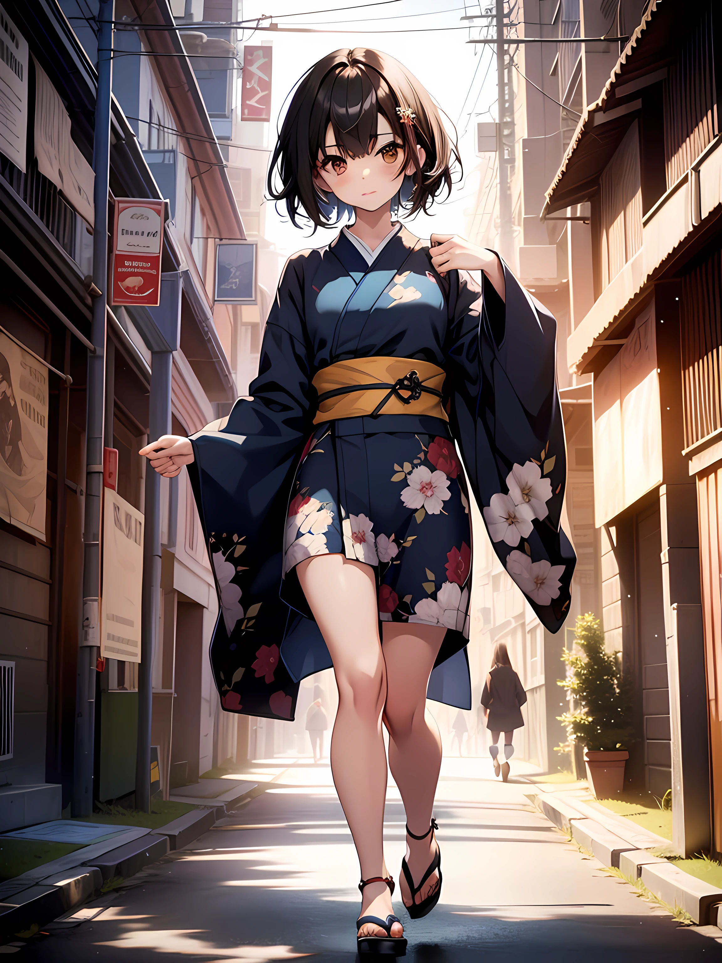 1girl, short black hair, brown eyes, wearing blue kimono, cover legs, full body pose, pretty hands, high res, ultrasharp, 8K, masterpiece, looking at viewer