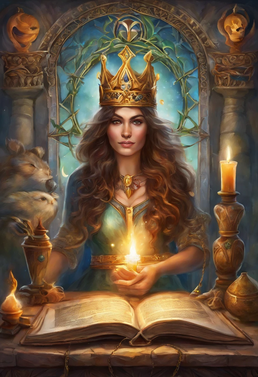 A woman in a crown holding a candle and a book - SeaArt AI