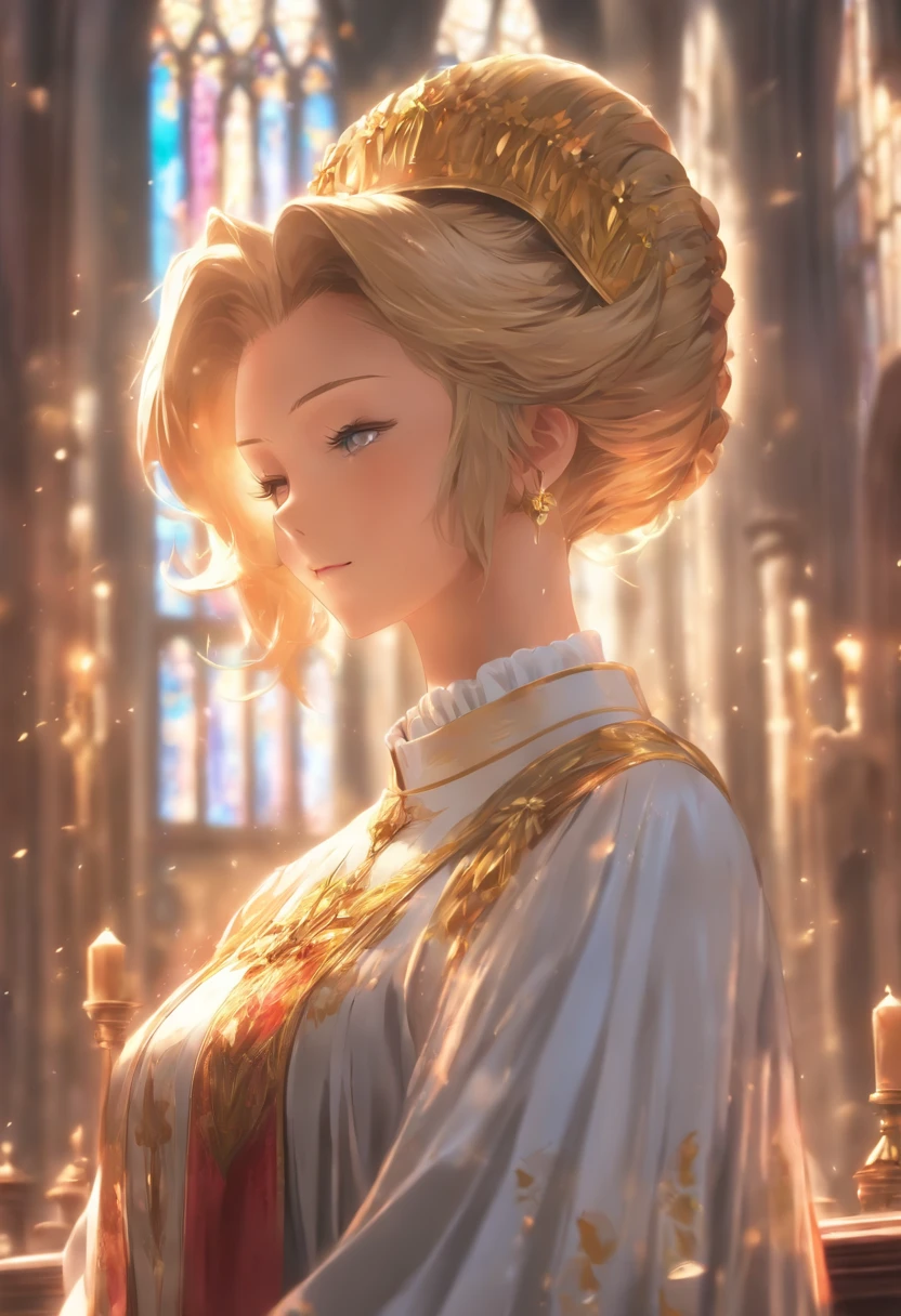 A woman in a white dress and gold crown standing in front of a stained  window - SeaArt AI