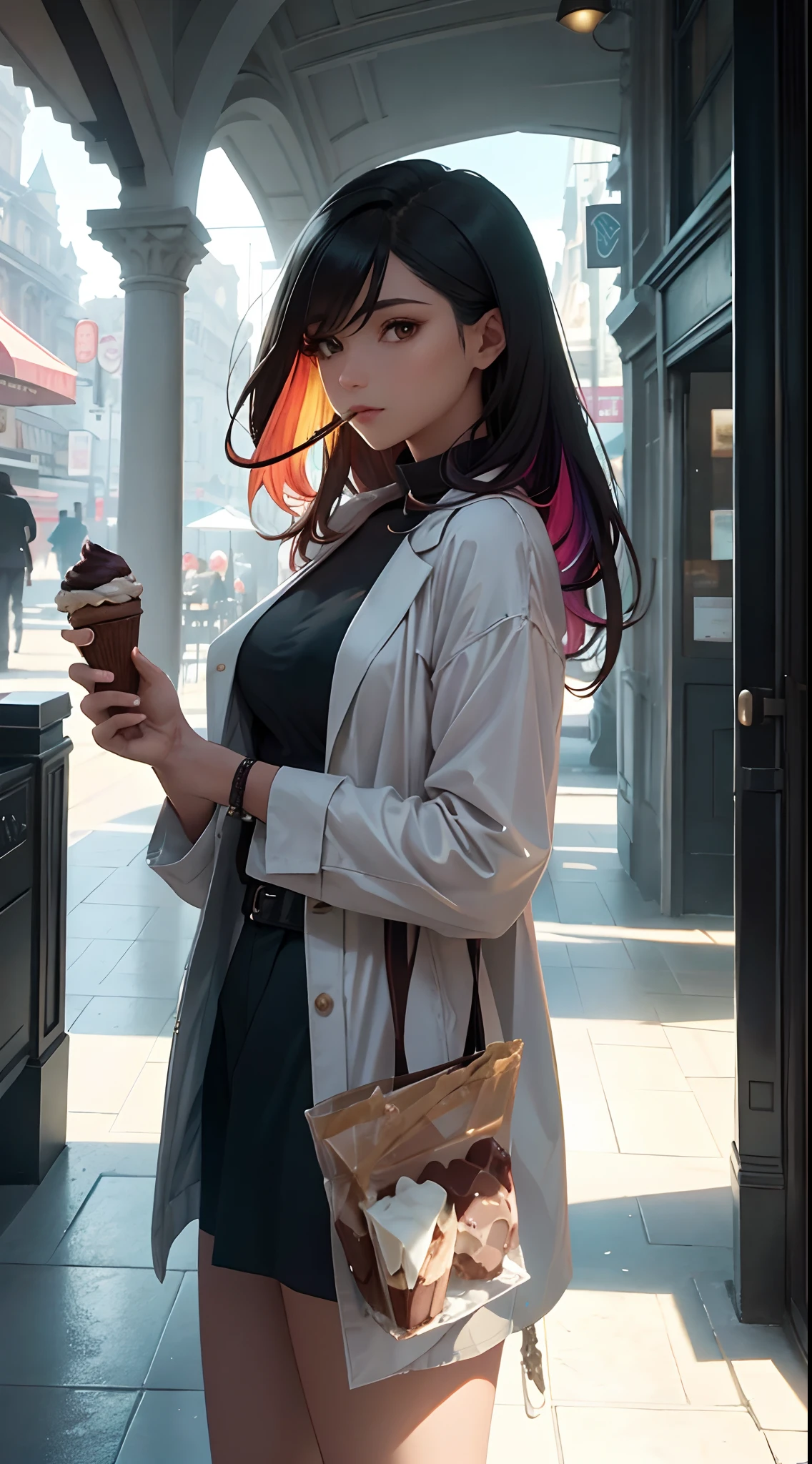 Works of masters，Detailed light and shadow，Cinematic light and shadow，The clothes ar，Stylish clothes，colours，Colorful，Color，Good body，Good face，good eyes，Good mouth，holding ice cream，There is something in hand,icecream，Drizzle with chocolate， Realistic and detailed images