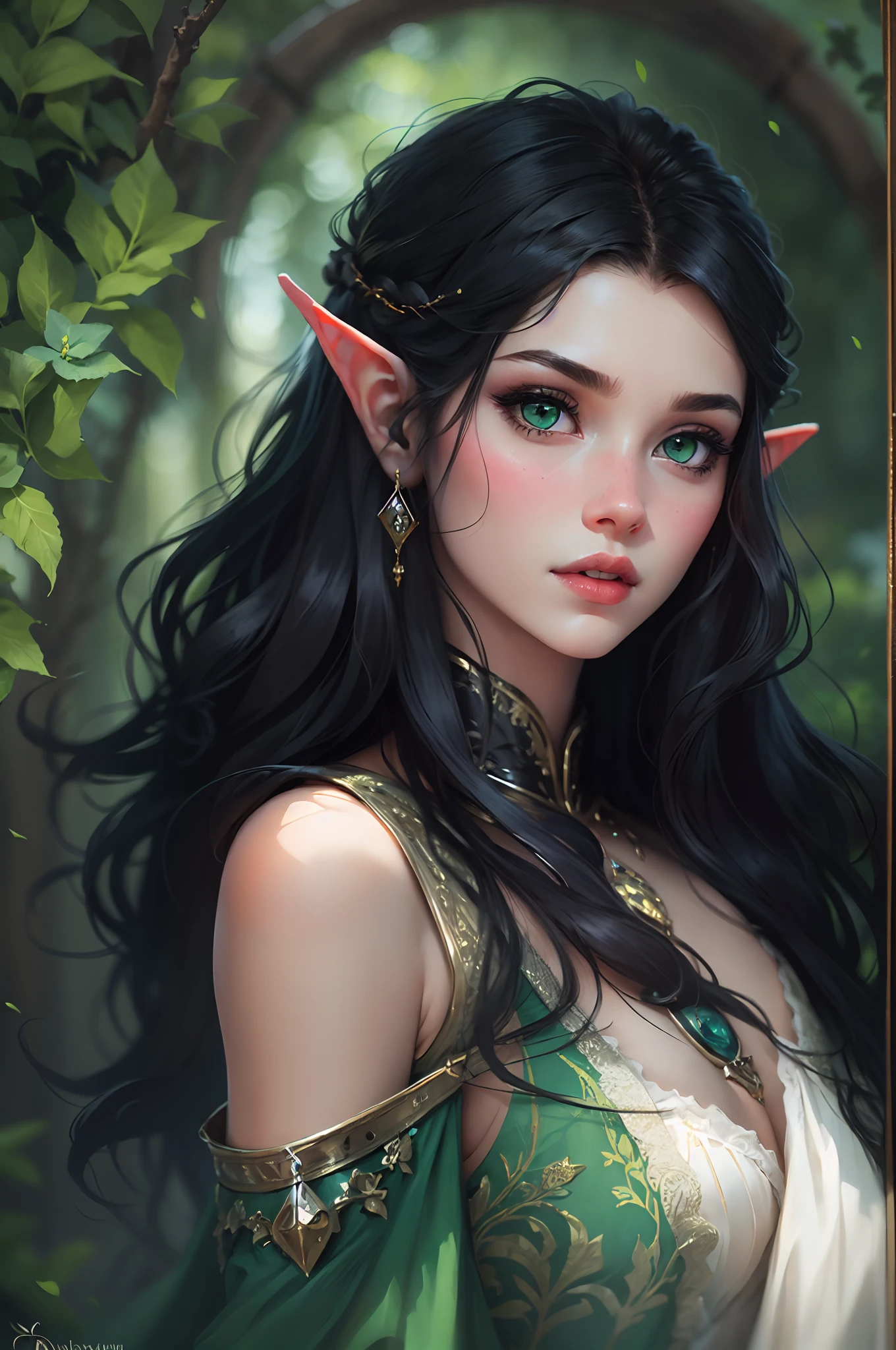 A woman with long black hair and green eyes wearing a green dress - SeaArt  AI