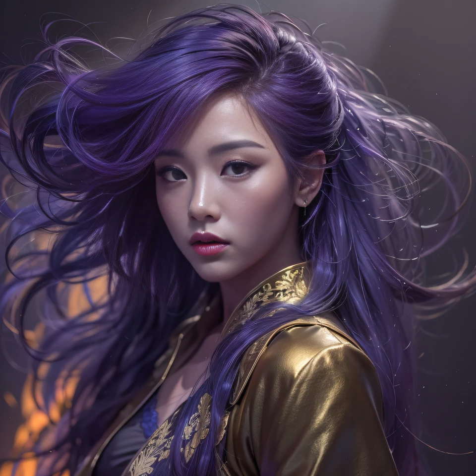 32K（tmasterpiece，k hd，hyper HD，32K）Long flowing bright purple hair，Autumn Pond，zydink， a color， Asian people （Kizi）， （Red scarf）， Combat posture， looking at the ground， long whitr hair， Floating bright purple， Fire cloud pattern gold tiara， Chinese long-sleeved gold silk garment， （abstract ink splash：1.2）， white backgrounid，Lotus protector（realisticlying：1.4），Bright purple hair，Smoke on the road，The background is pure， A high resolution， the detail， RAW photogr， Sharp Re， Nikon D850 Film Stock Photo by Jefferies Lee 4 Kodak Portra 400 Camera F1.6 shots, Rich colors, ultra-realistic vivid textures, Dramatic lighting, Unreal Engine Art Station Trend, cinestir 800，Long flowing bright purple hair