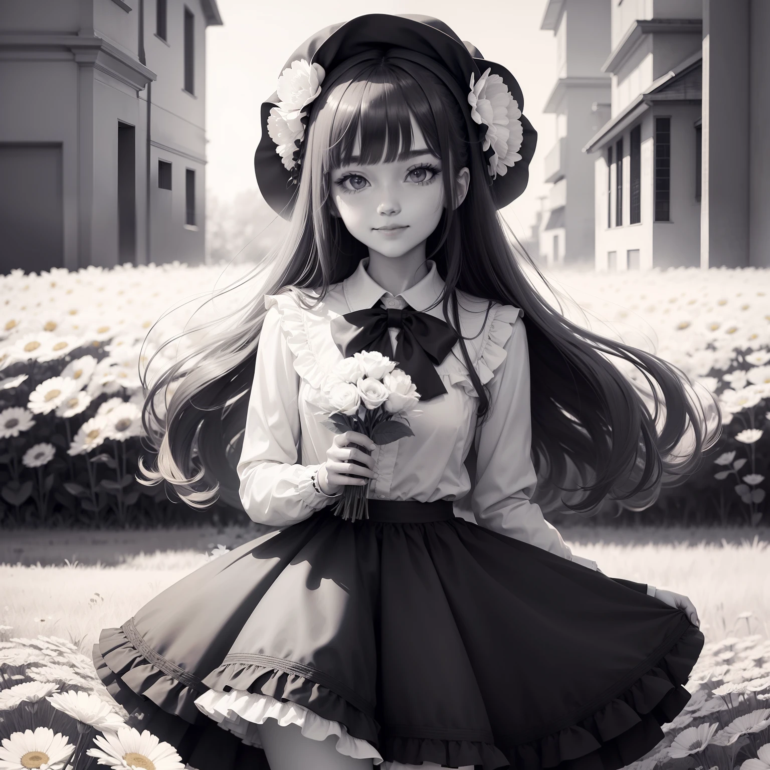 masterpiece, best quality, 1girl, solo, long_hair, looking_at_viewer, smile, bangs, skirt, shirt, long_sleeves, hat, dress, bow, holding, closed_mouth, flower, frills, hair_flower, petals, bouquet, holding_flower, center_frills, bonnet, holding_bouquet, flower field, flower field, lineart, monochrome,