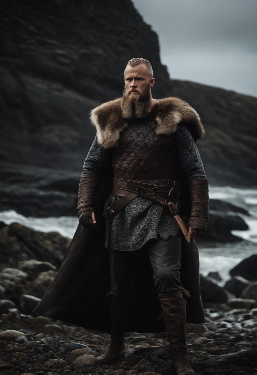 A man in a brown coat and fur coat standing on rocks near the ocean ...