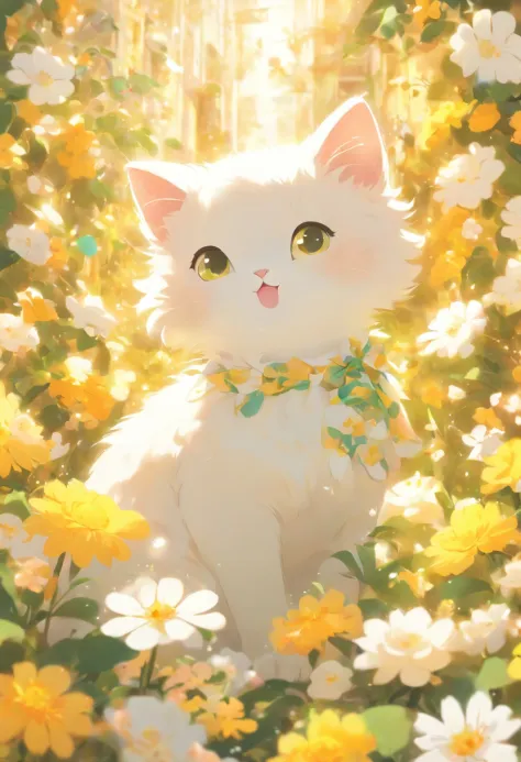 a white cute cat surrounded by flowers and  wearing a yellow dress