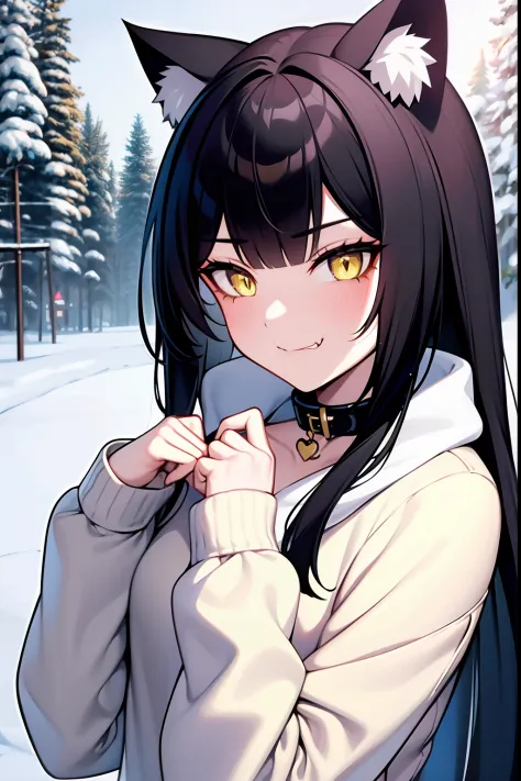 wallpapers, 4K, anime style, masterpiece, 1girl，cat ears, cat tail，side bang, long bob, middle haircut, black hair，yellow pupils，yellow eyes, catgirl, neko，b cup, smirk, badass, snow, forest, snowy forest behind, looking at viewer, collar, warm clothes, ha...
