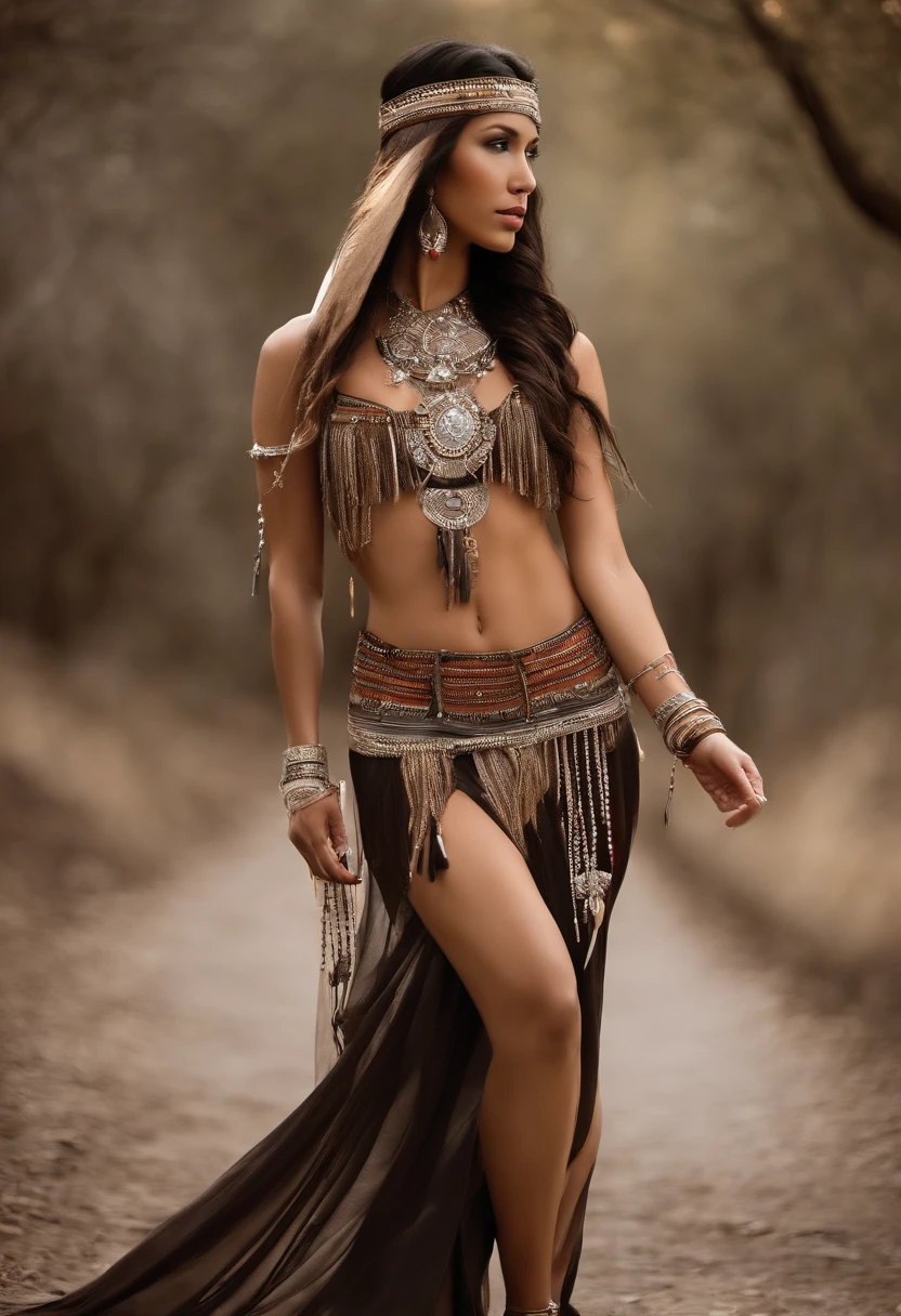 Native American beauty in dance poses, Luxurious leather poncho embroidered  with intricate embroidery, Flowing Tulle, feather hair ornaments, war  bonnet - SeaArt AI