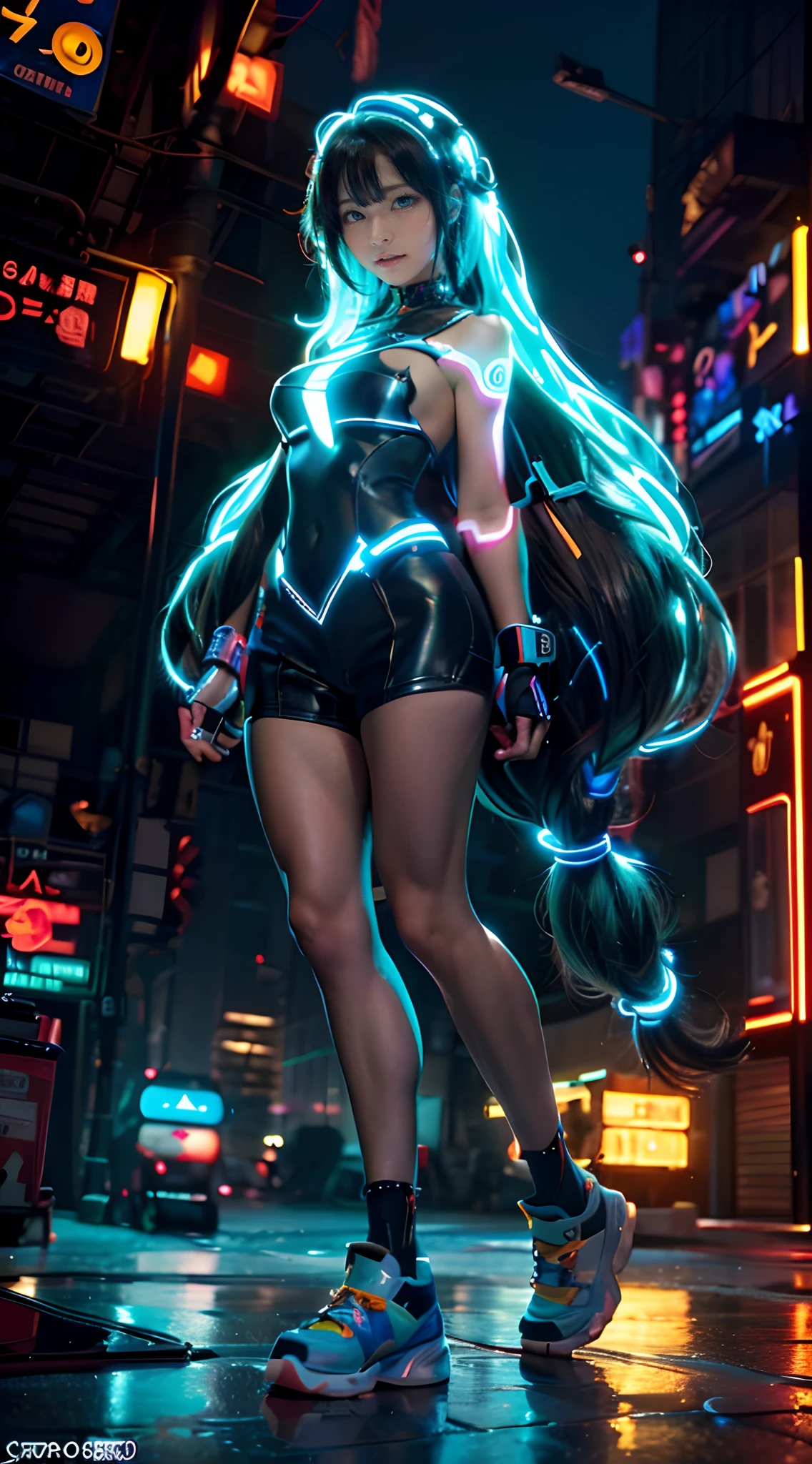 (Dynamic Angle:1.4), ((Full body posing:1.5), (Colorful:1.2), (Highly detailed live-action 16K wallpapers:1.1), (Denoising strength: 1.45), (tmasterpiece:1.37), ((Official art)), of the highest quality, (Realistic), Green Cyber Girl, 2 head body,Deformed Character,cute expression, (Super long hair:1.6),voluminous hair,Hair in motion,Golden hair,(Dark skin:1.3),Glowing eyes,(blue eyess:1.2), wires, (LED:1.3), (a hologram:1.2), futuristic city street, Neon light, Skyscrapers, (Night:1.2), (Rainbow Model:1.2), 8K resolution, Cinematic lighting, chromatic abberation, spark of light, Ray tracing, blending, ultra wide-angle,  Hasselblad, (masutepiece), (masutepiece), ((Best Quality)), ((masutepiece)), nffsw