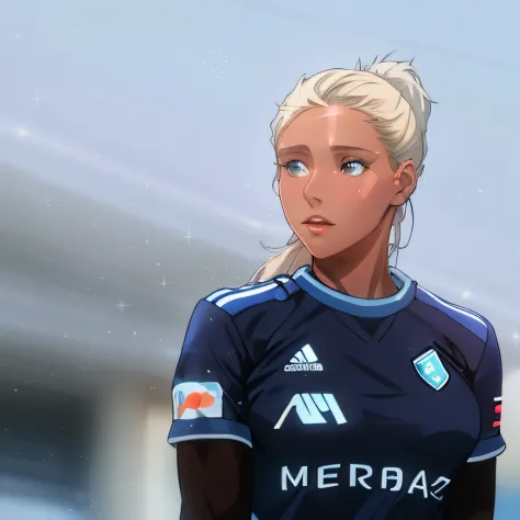 arafed female soccer player with ponytail in black and blue uniform, by Christen Købke, daniela uhlig, simona sbaffi is the capt...