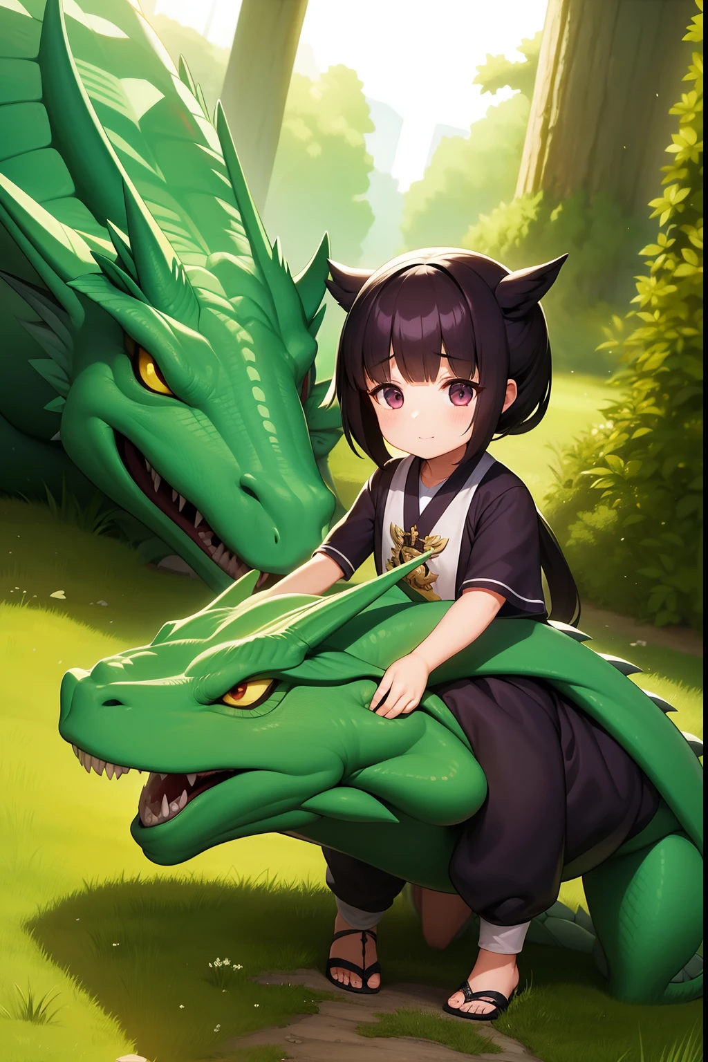 Anime girl sitting on a green dragon - SeaArt AI