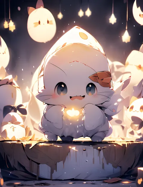 1cat, white cloak, smiling, ((glowing cat)brown eyes, hood up, no pupils, chibi, ghost, long sleeves, happy, cute, adorable