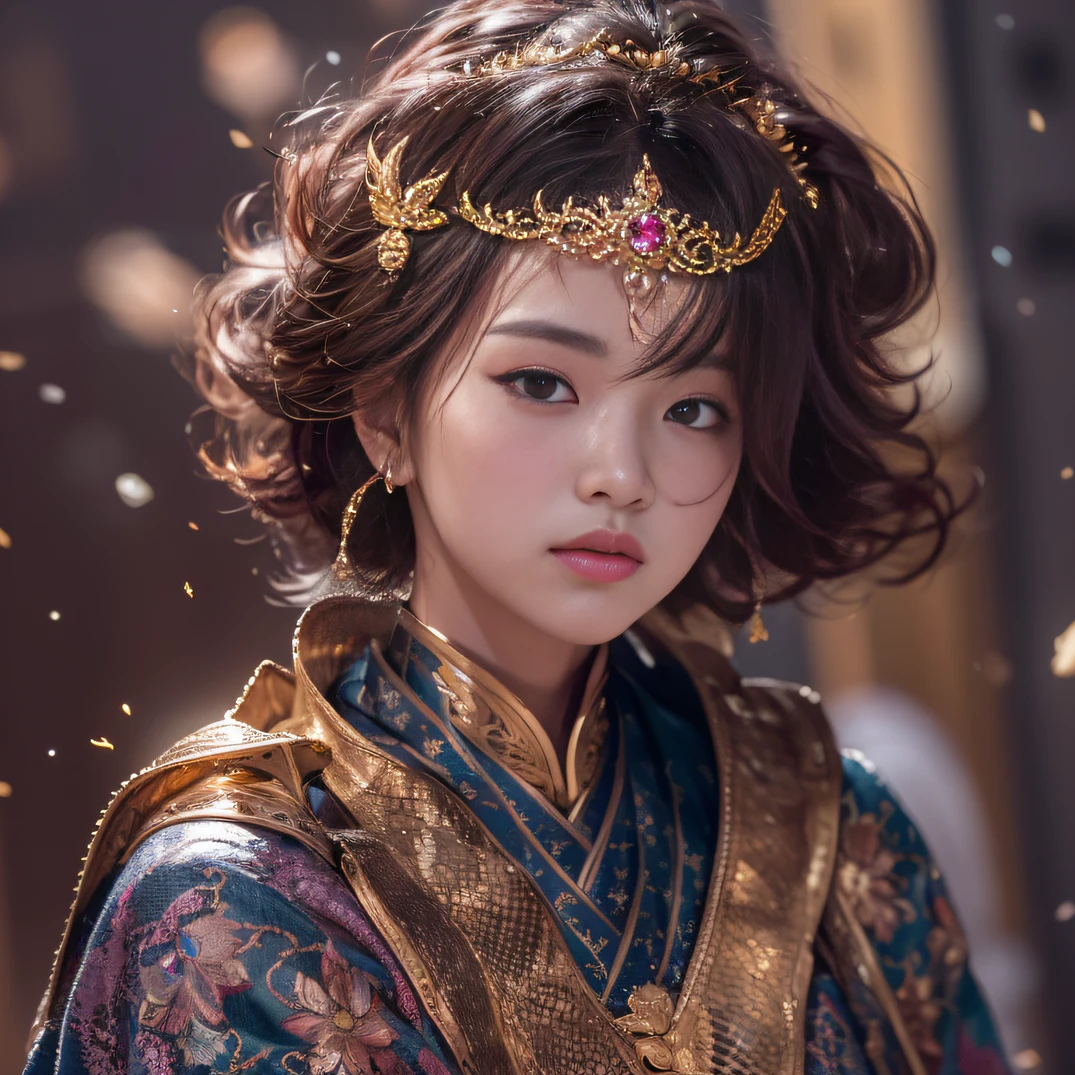 32K（tmasterpiece，k hd，hyper HD，32K）Short burgundy hair，Gold jewelry area in the back room，Flame Girl ，Yao Lang protector （realisticlying：1.4），Python pattern robe，Purple-pink tiara，Snowflakes fluttering，The background is pure，Hold your head high，Be proud，The nostrils look at people， A high resolution， the detail， RAW photogr， Sharp Re， Nikon D850 Film Stock Photo by Jefferies Lee 4 Kodak Portra 400 Camera F1.6 shots, Rich colors, ultra-realistic vivid textures, Dramatic lighting, Unreal Engine Art Station Trend, cinestir 800，Hold your head high，Be proud，The nostrils look at people，Short burgundy hair