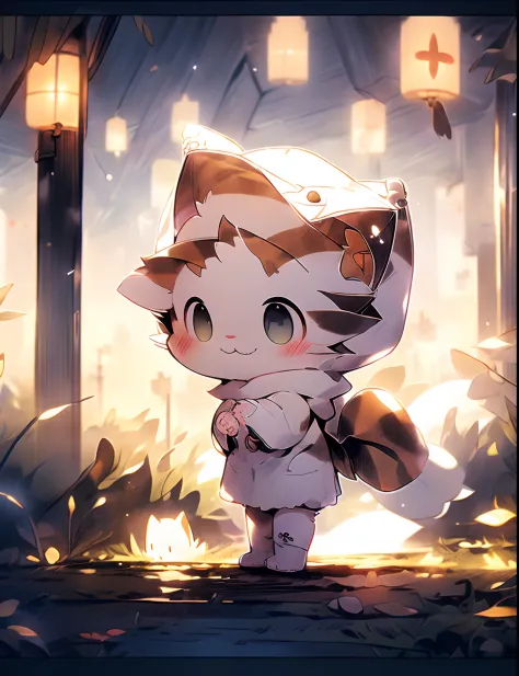 1cat, white cloak, smiling, ((glowing cat)brown eyes, hood up, no pupils, chibi, ghost, long sleeves, happy, cute, adorable