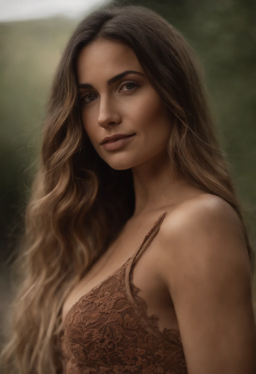 A woman with long hair wearing a brown bra top - SeaArt AI