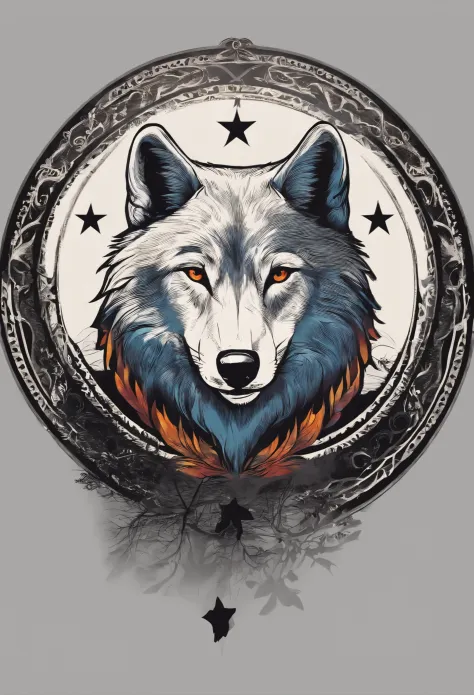 "A t-shirt design with a wolf silhouette inside a circle, crescent, and star