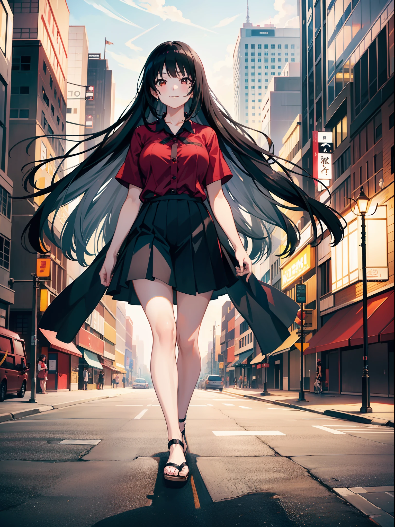 Anime girl walking down the street in a red shirt and black skirt - SeaArt  AI