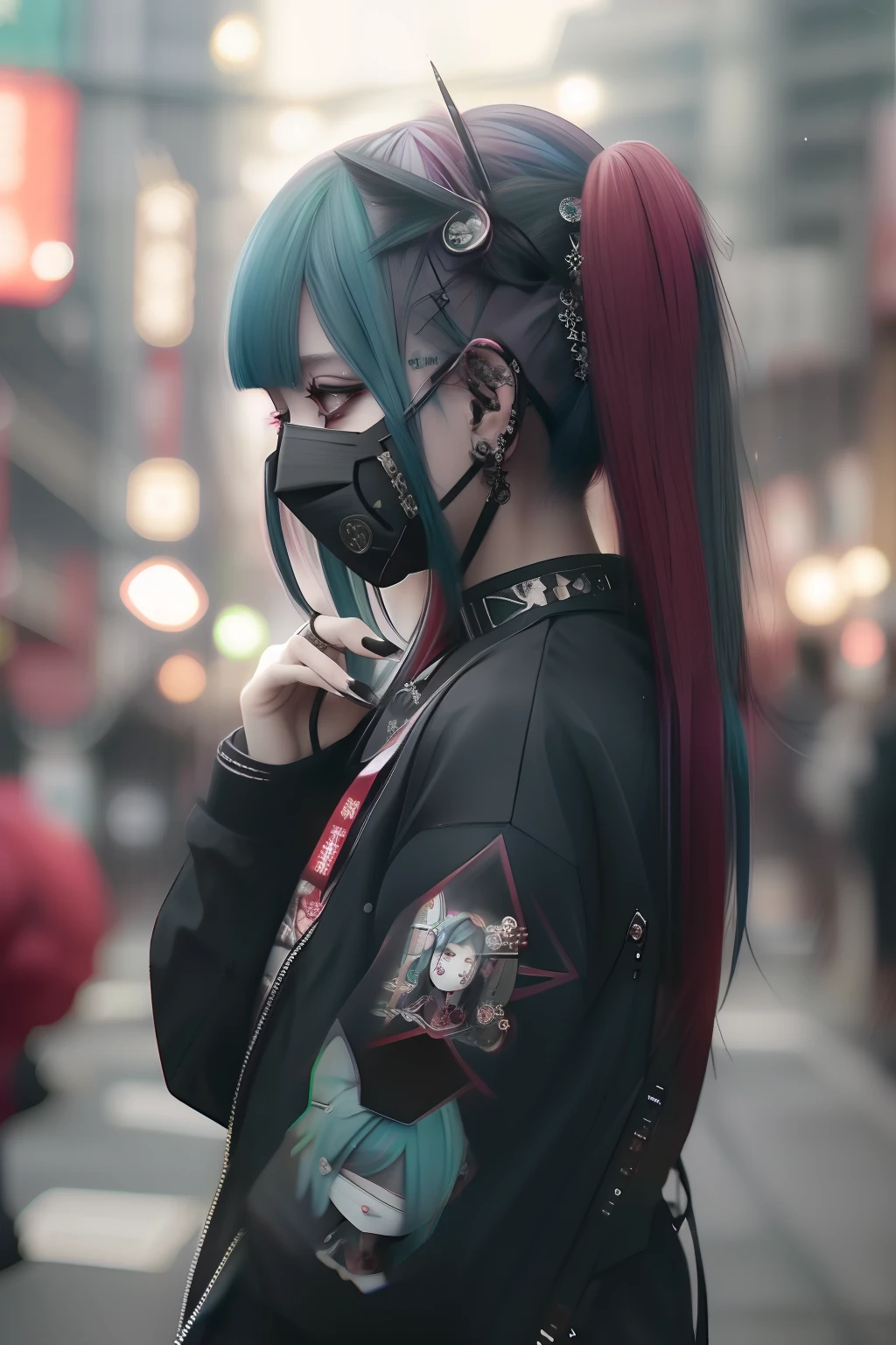 miku hatsune、Green hair、masks、Sleeveless、The tattoo、bright red、Really red、Red、Red-haired、rot、red hairs、head phone、🎧、goth_punk, 1girl in, 独奏, medium shot, Walking in Harajuku, ((during night)), bokeh dof, Neon light, Iridescent eyes, starrysky, red glowing hair, Black eyebrows, Radiant hair, (iridescent red hair), 耳Nipple Ring, bangss, jewely, masks, bluntbangs, verd s eyes, Mouth mask, blurry backround, bblurry, hair adornments, Look at viewers, shorth hair, portraitures, side locks