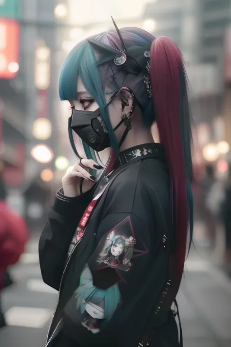 miku hatsune、Green hair、masks、Sleeveless、The tattoo、bright red、Really red、Red、Red-haired、rot、red hairs、head phone、🎧、goth_punk, 1...