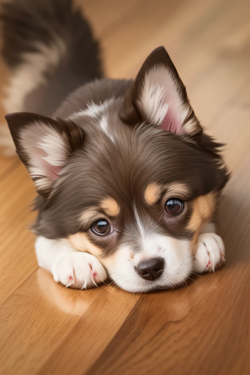 A beautiful little dog is depicted on an oil canvas, each carefully 