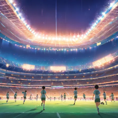 An exciting football match in a stadium full of spectators and floodlights, Passionate crowd, Dazzling stadium floodlights, Spectacular and inspiring moments, vibrant atmosphere, Mexican-themed, Dessert themed, Fantasy-themed stadium.