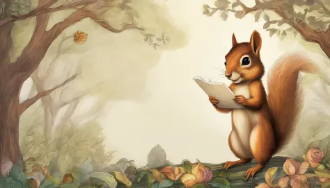 Desenhe uma cena da Floresta Encantada, majestic trees a squirrel holding a sheet of paper.
