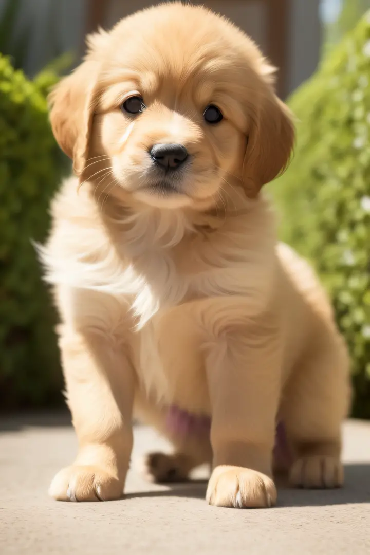 A beautiful golden retriever puppy is depicted on an oil canvas, cada pincelada cuidadosamente trazada revela su belleza y encanto. Su suave, Shiny coat blends into warm, Tonos vibrantes, like the gold of the sun that caresses his back and the dark brown t...