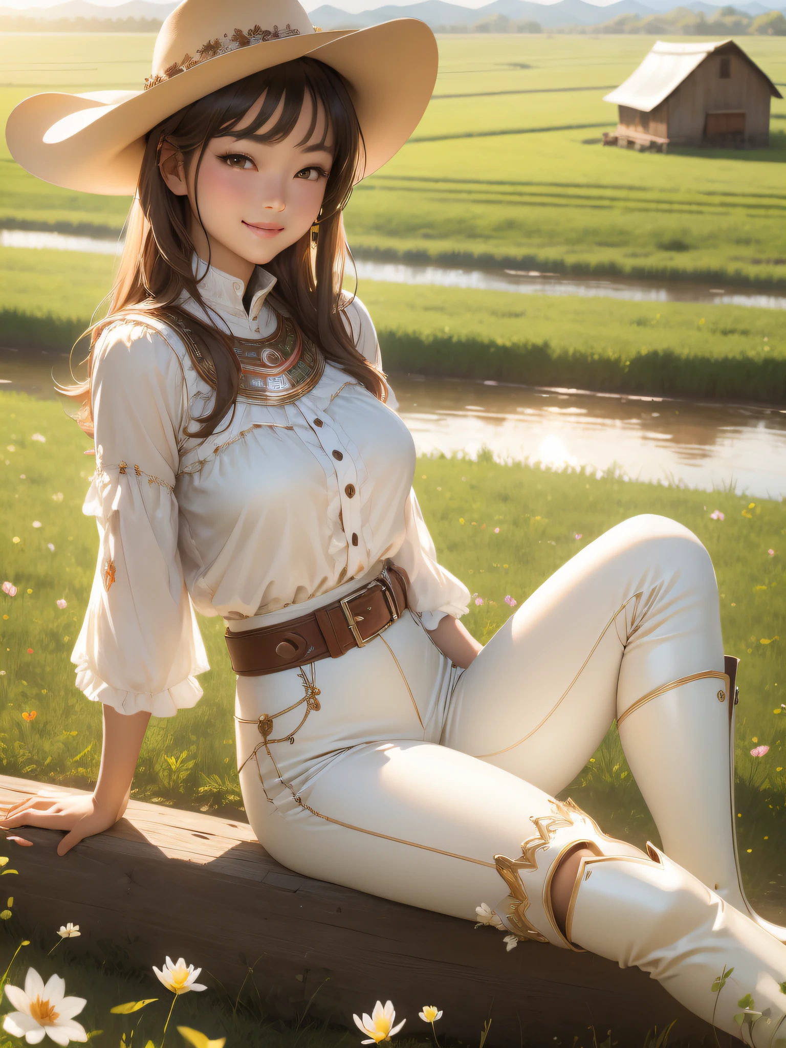 (masterpiece, best quality:1.2),,cowboy shot, solo, 1girl, mireyu, smile, looking at viewer, blouse, breastplate, white pants ,farmlands, countryside,river wide,hut,sitting on the grass,thigh boots, brown footwear, sunlight, petals,
