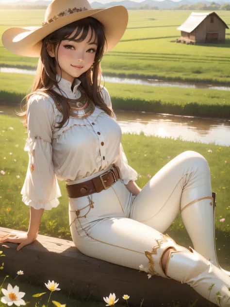 (masterpiece, best quality:1.2),,cowboy shot, solo, 1girl, mireyu, smile, looking at viewer, blouse, breastplate, white pants ,f...