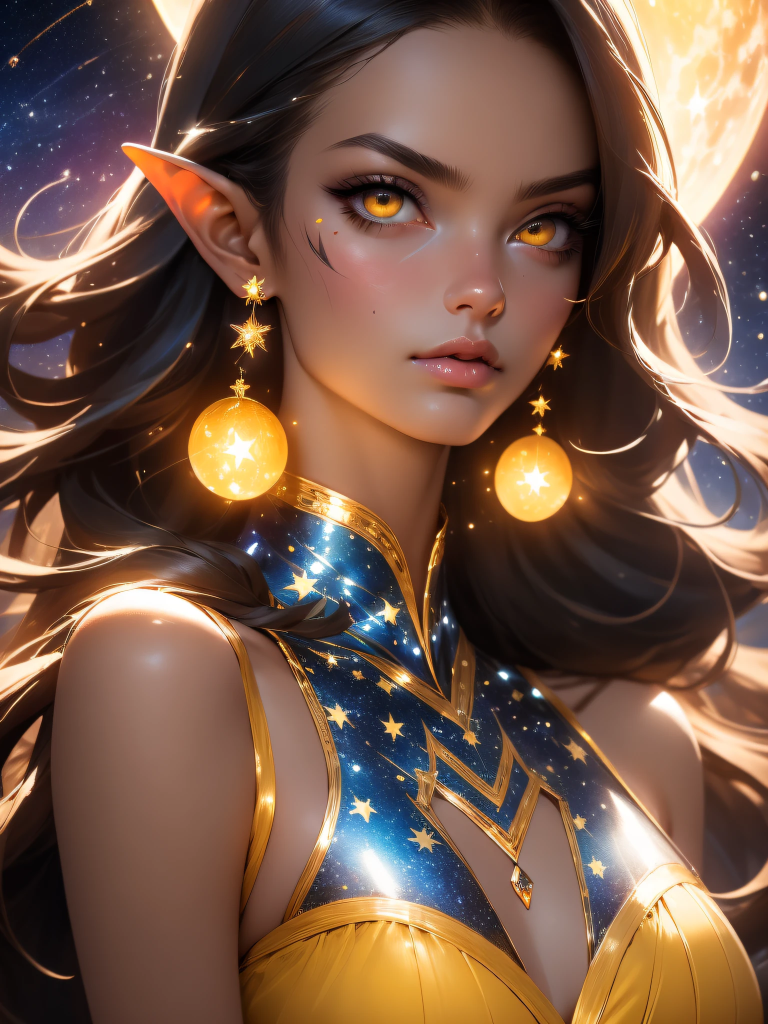 (masterpiece, best quality), spacecraft, flying, starry sky, moon, portrait, head focus, 1girl, solo, elaishasub, eshaleotard, elf, yellow eyes, mature looking at viewer, pout, smug, (jewelry, earrings), facial mark, toned