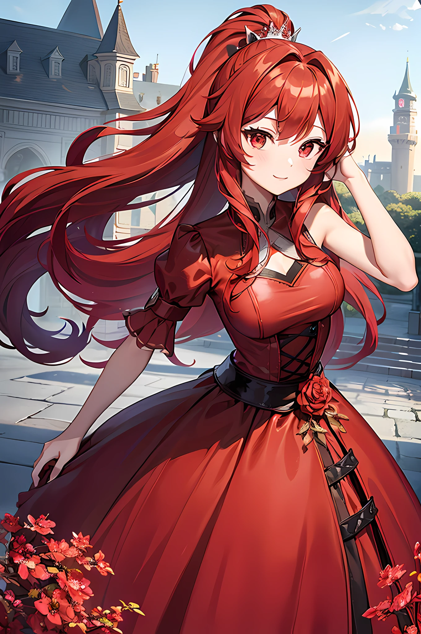 a girl with red eyes, red ponytail hair, a stunning red gown, wearing a tiara, standing near a castle, ultra detailed, high quality