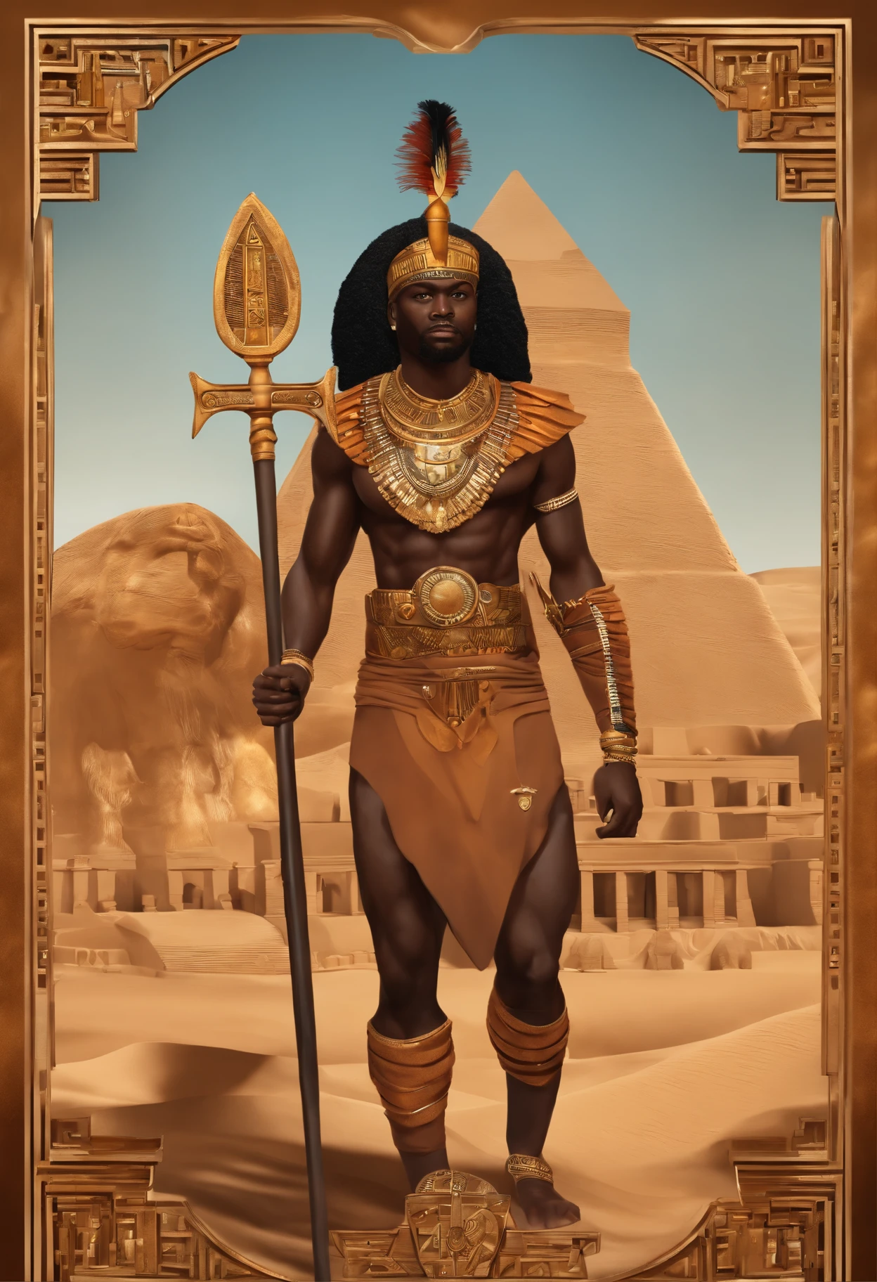 "Modelshoot style, (8k ultra-detailed CG wallpaper), envision a cartoonish portrayal of Ogum, the Yoruba deity of war and iron. His deep-hued skin glows against traditional pan-African armor, echoing the rich tapestry of the continent's diverse cultures. His fierce yet kind eyes reflect his dual nature as both protector and warrior. He brandishes a flame-kissed sword, a testament to his might, and in his other hand, he upholds a shield adorned with Yoruba and Kemetic symbols. Set against a backdrop that celebrates Africa's vast landscapes, with the Great Sphinx and pyramids subtly silhouetted in the horizon, the art should be a harmonious blend of the continent's vast history and the powerful legacy of Kemet."