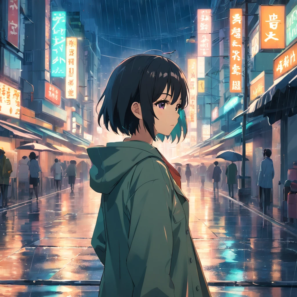 Anime girl in raincoat standing in the rain in a city - SeaArt AI